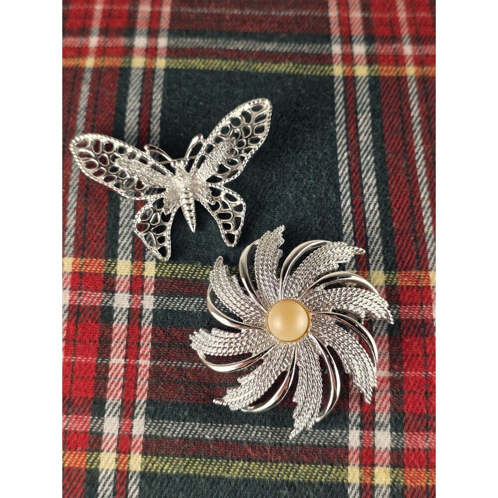 Vintage Sarah Coventry Brooch Lot Of 2- Silver Pinwheel With Pearl And Butterfly